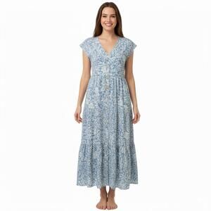 blu pepper, M, Blue Floral, Button Front Midi Dress